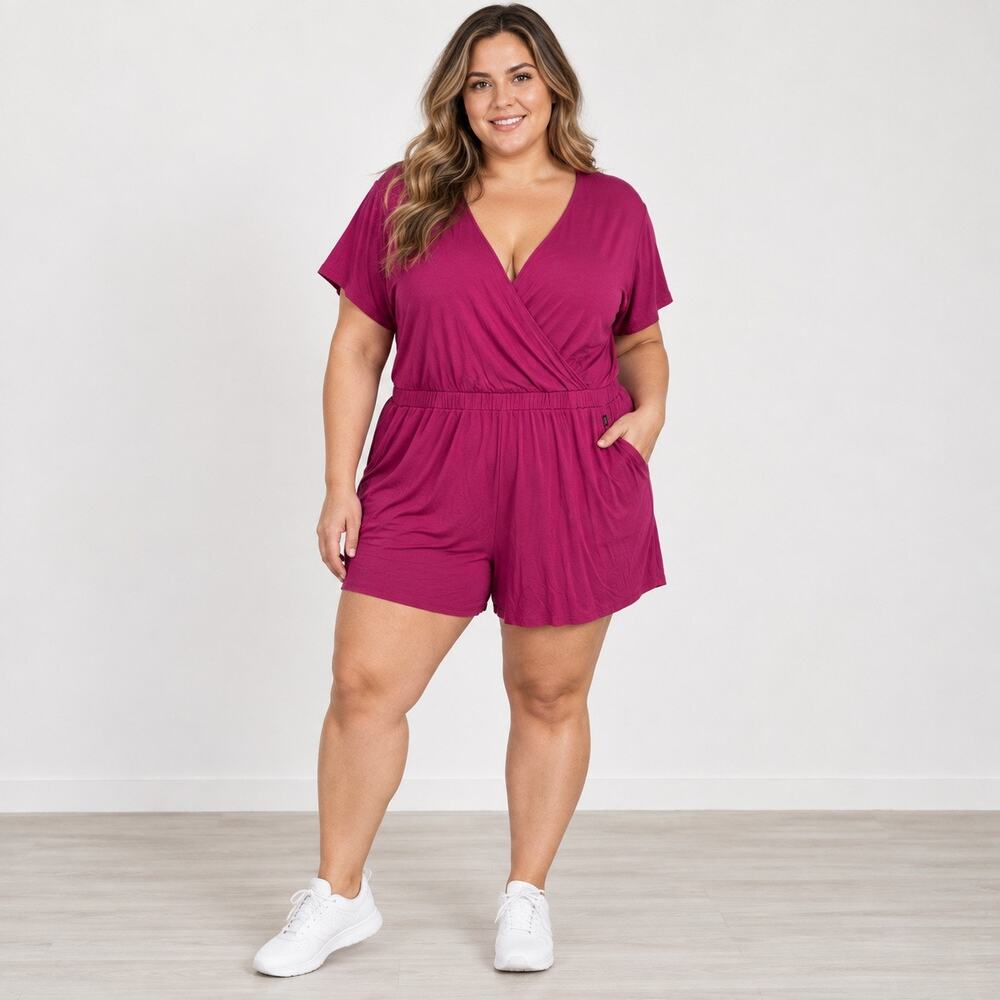 Livi Romper Womens Plus 18/20 Pink Magenta V-Neck Crossback Stretchy Pockets NWT